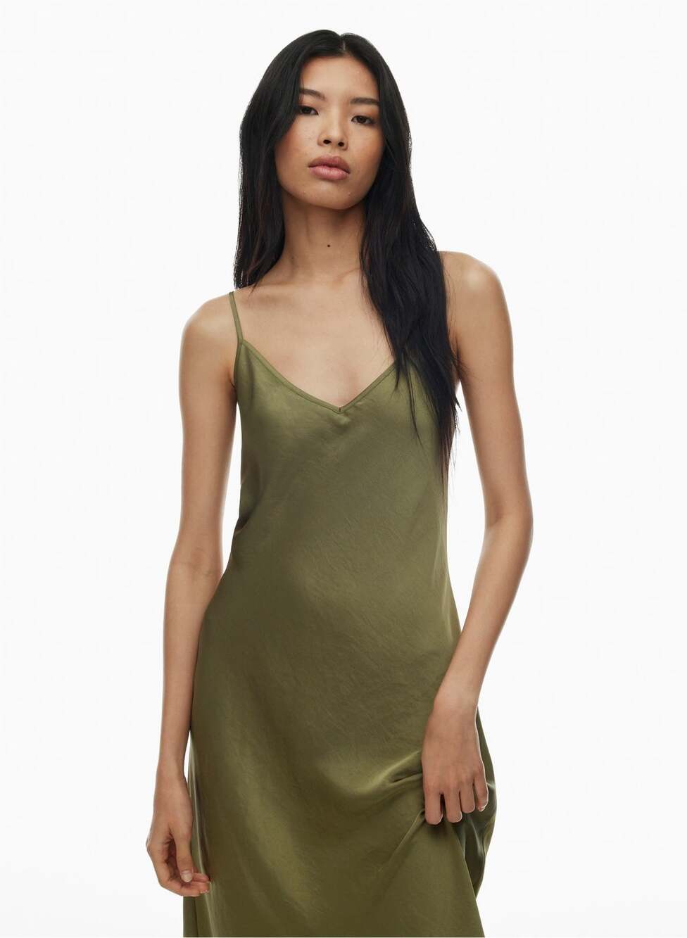Aritzia Wilfred Only Slip Satin Maxi Dress Sz S Green Olive Midi Sleeveless